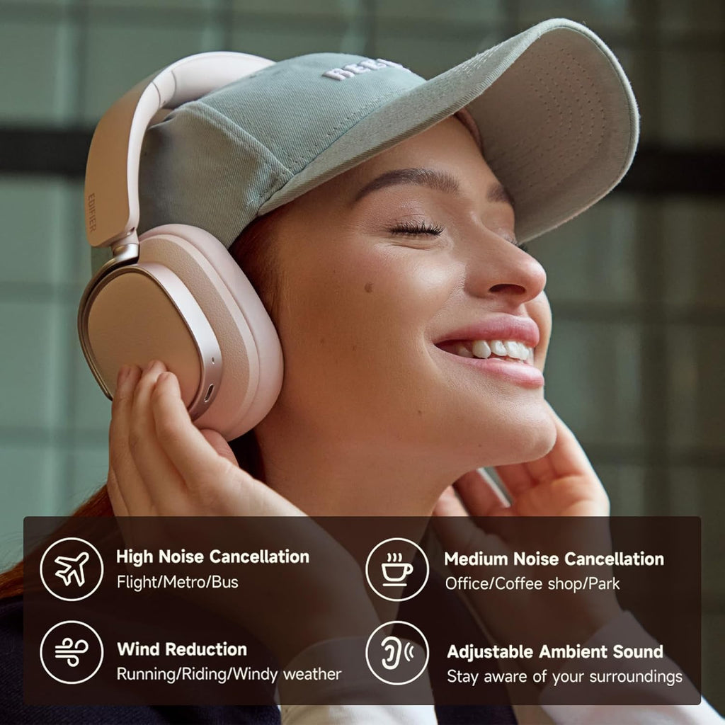 Edifier Active Noise Cancelling Headphones, Over Ear Bluetooth Headset, 92H Playtime Wired & Wireless Hi-Res Audio Certified, Fast Charging Clear Calls for Home Office Travel (Pink)