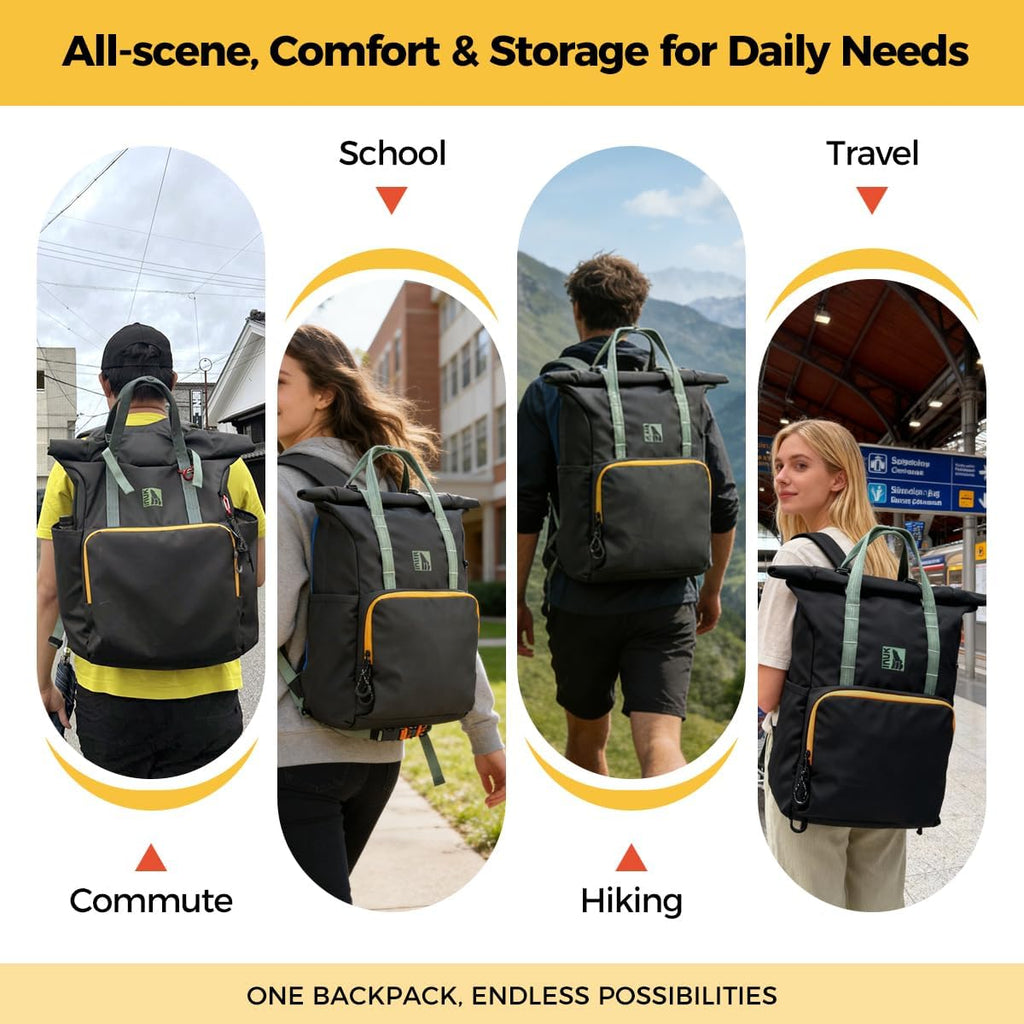 INUK Roll Top Backpack with Laptop Compartment, Gray with Mint Green Handles and Yellow Zipper Trim, Travel and Work Bag