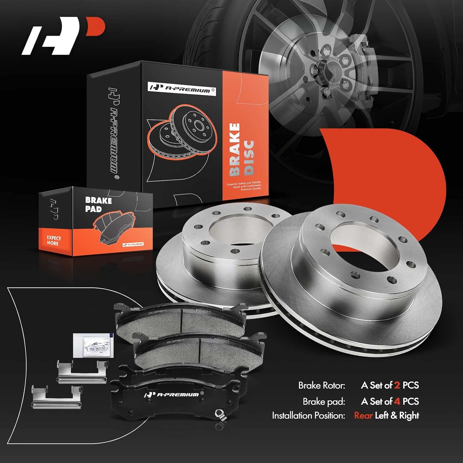 A-Premium 12.99 in (330mm) Rear Vented Disc Brake Rotors + Ceramic Pads kit Compatible with Select Chevy and GMC Models - Avalanche, Silverado 2500, 3500 HD, Suburban, Sierra 2500, Yukon XL 2500, 6-PC