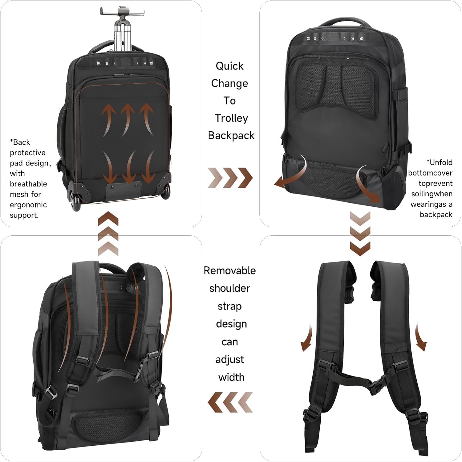 2-in-1 Detachable Carry On Rolling Backpack - Splits into Two Bags for Travel, 50L Wheeled Backpack with 17.3″ Padded Laptop Sleeve, USB Charging Ports, TSA Lock, Waterproof Luggage Suitcase