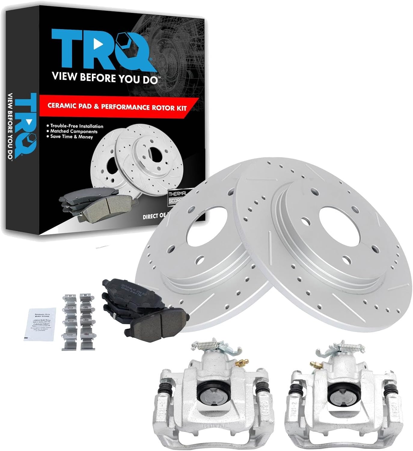 TRQ Performance Rear Brake Pad and Rotor Set Ceramic Drilled Slotted Solid Rotors Calipers Compatible with 12-16 Chrysler Town & Country Grand Caravan 12-15 Ram Cargo Van 13-14 Volkswagen Routan