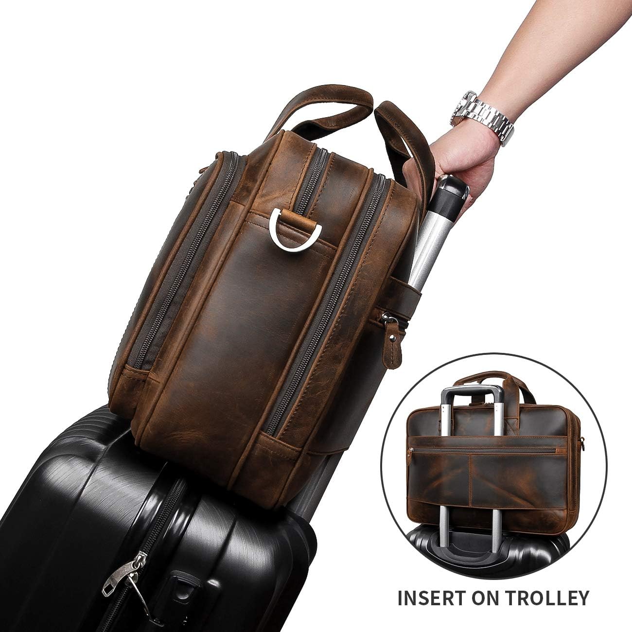 Augus Business Travel Briefcase Genuine Leather Duffel Bags for Men Laptop Bag fits 15.6 inches Laptop YKK Metal Zipper (Dark brown)
