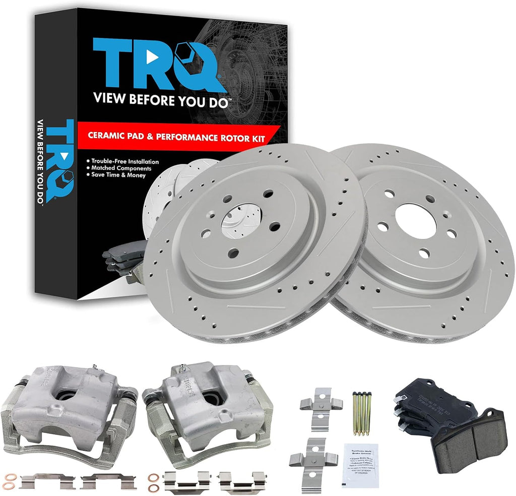 TRQ Performance Rear Brake Pad and Rotor Set Ceramic Vented Coated Slotted Drilled Rotors Calipers Compatible with 2012-2015 Chevrolet Camaro