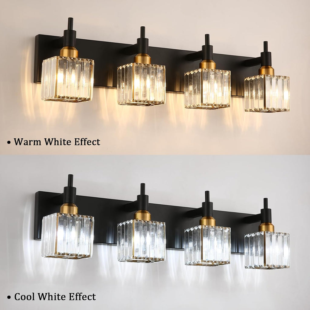 Gold Black Crystal Bathroom Lighting Fixtures, 4 Light Brass Modern Crystal Bathroom Vanity Lights Over Mirror Brass Bath Light