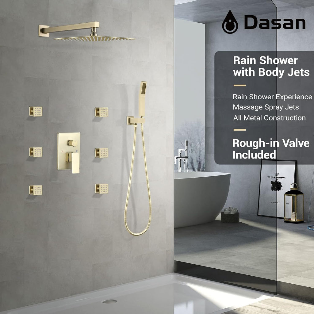 DASAN Full Body Shower System with 6 PCS Body Spray Jets & 12'' Rain Overhead Shower & Handheld, In-Wall Rain Shower System Brushed Gold Shower Faucets Sets Complete with Valve, SA-SS03ABG-S12W