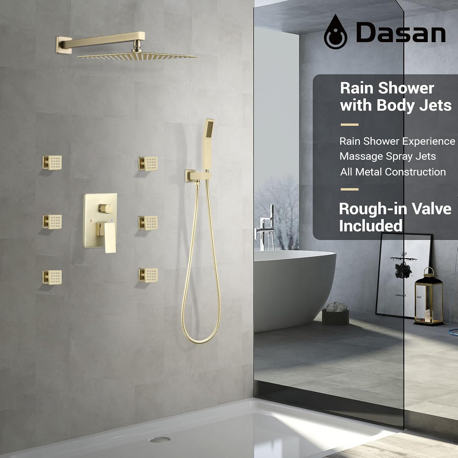 DASAN Full Body Shower System with 6 PCS Body Spray Jets & 12'' Rain Overhead Shower & Handheld, In-Wall Rain Shower System Brushed Gold Shower Faucets Sets Complete with Valve, SA-SS03ABG-S12W