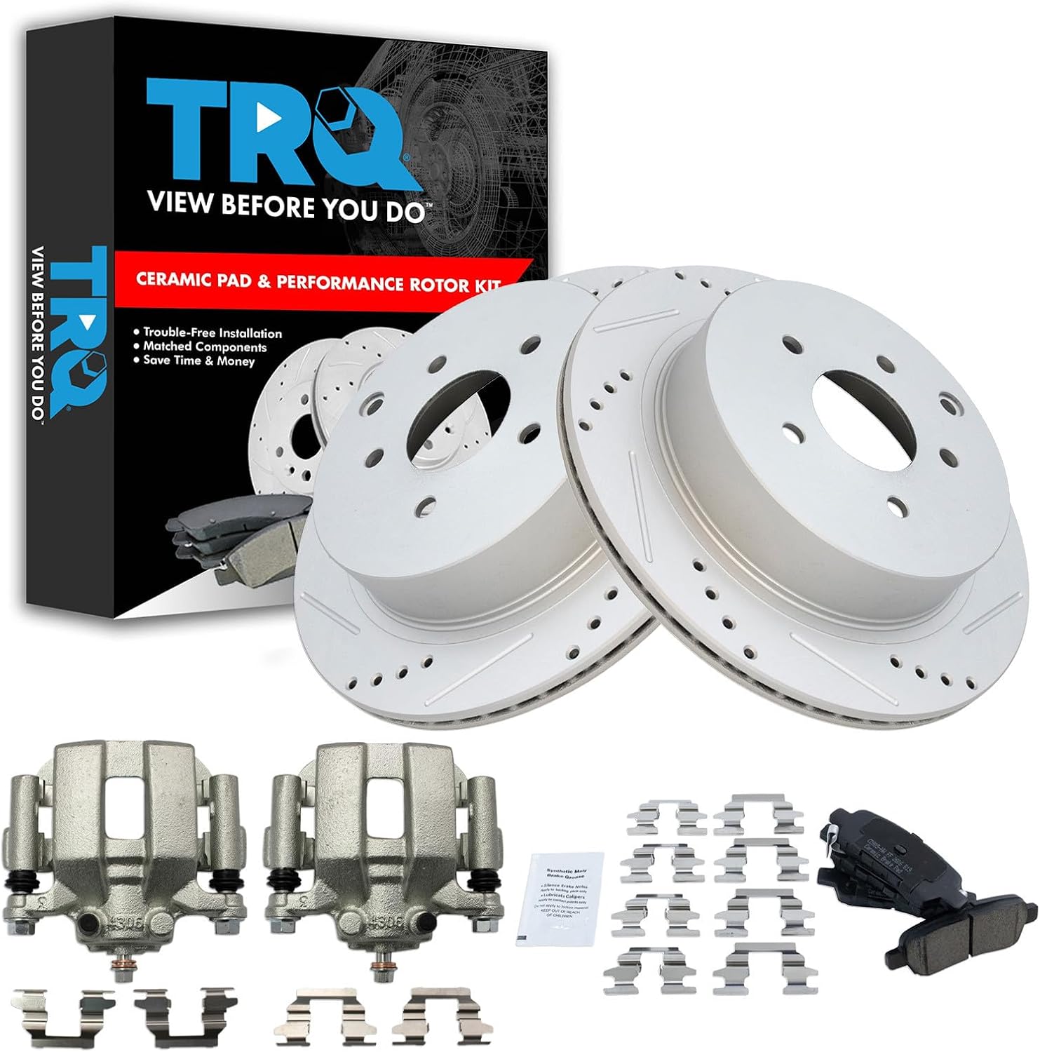 TRQ Performance Rear Brake Pad and Rotor Set Ceramic Coated Drilled Slotted Vented Rotors Calipers Compatible with 2003-2007 Nissan Murano 2004-2009 Quest