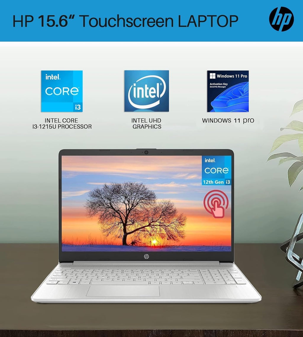 HP 15.6' Touchscreen Laptop for Work, Win 11 Pro & Microsoft Office Lifetime License, 15.6' HD Screen, 32 GB RAM, 2 TB SSD, Intel i3-1215U, Long Battery Life, Webcam, Wi-Fi, with Bonus Accessories