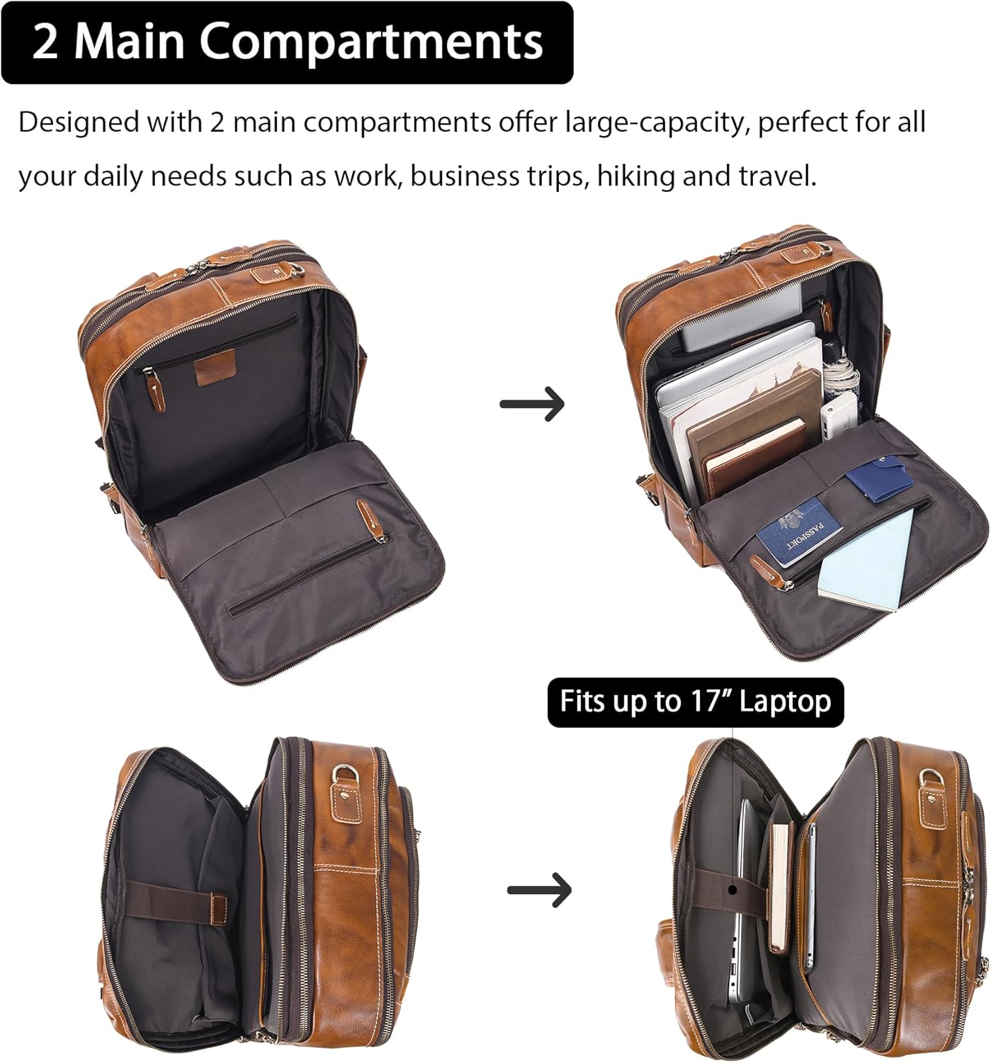 LANNSYNE Vintage Genuine Leather Backpack For Men, 2 in 1 Expandable Briefcase Fits 17'' Laptop Crossbody shoulder Bag Business/Travel Rucksack