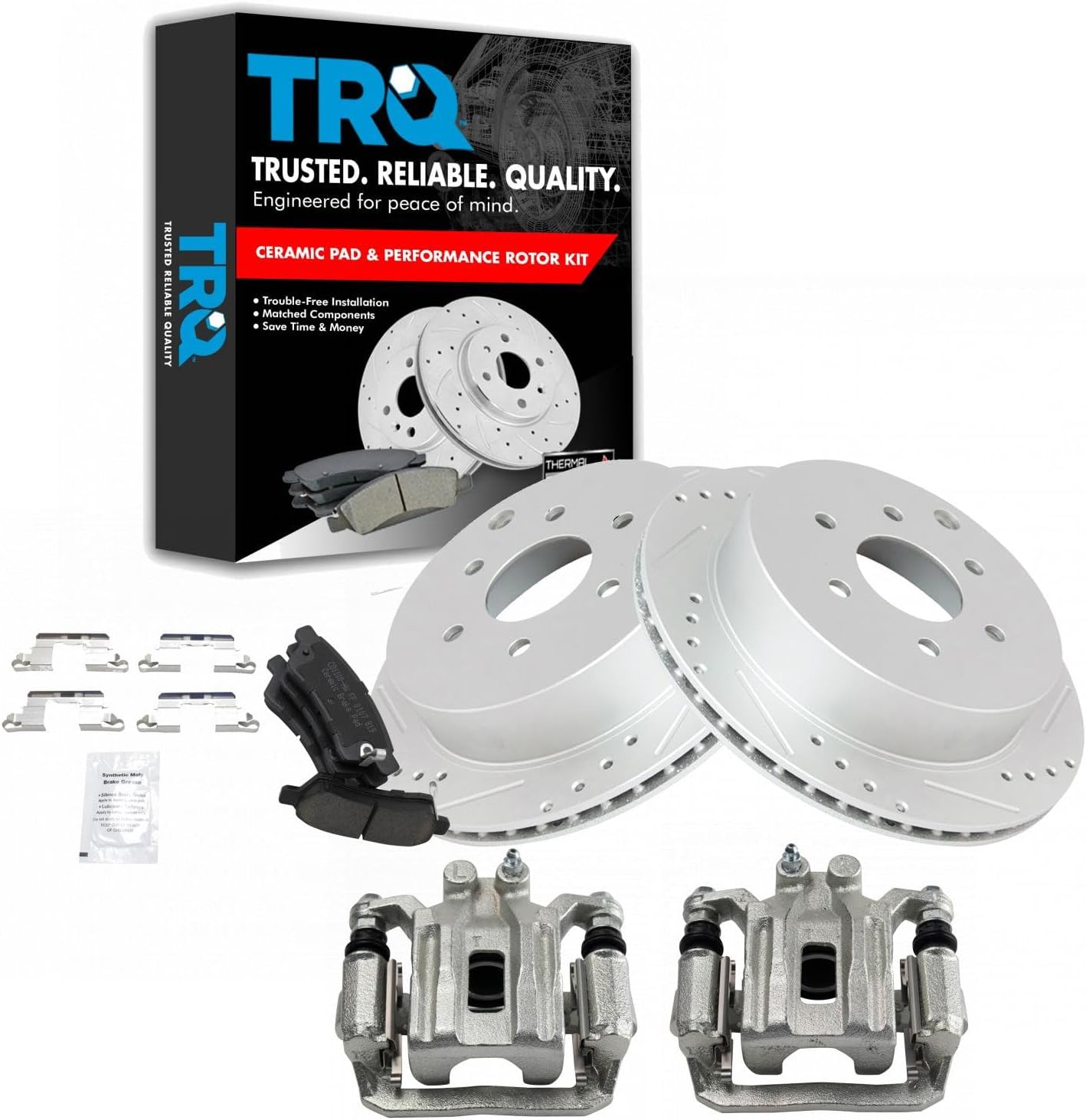 TRQ Performance Rear Brake Pad and Rotor Set Ceramic Drilled Slotted Coated Rotors Calipers Compatible with 2005-2018 Nissan Frontier 2005-2015 Xterra