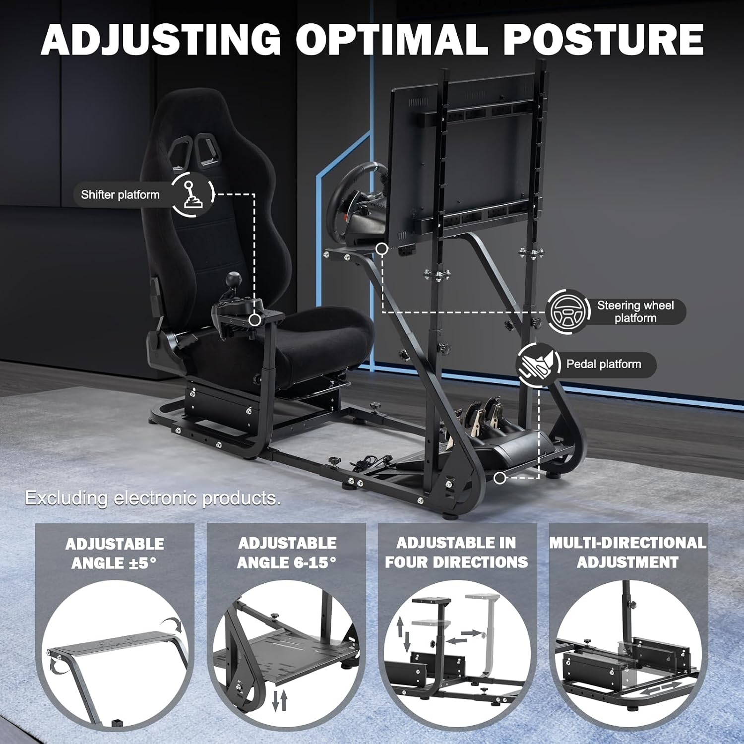 Anman Sim Racing Simulator Cockpit Black Seat with Visualizer Monitor Stand Fit for Logitech G25 G27 G29 G920 G923, for Thrustmaster T300RS TX, for Fanatec,Excluding Electronic Devices