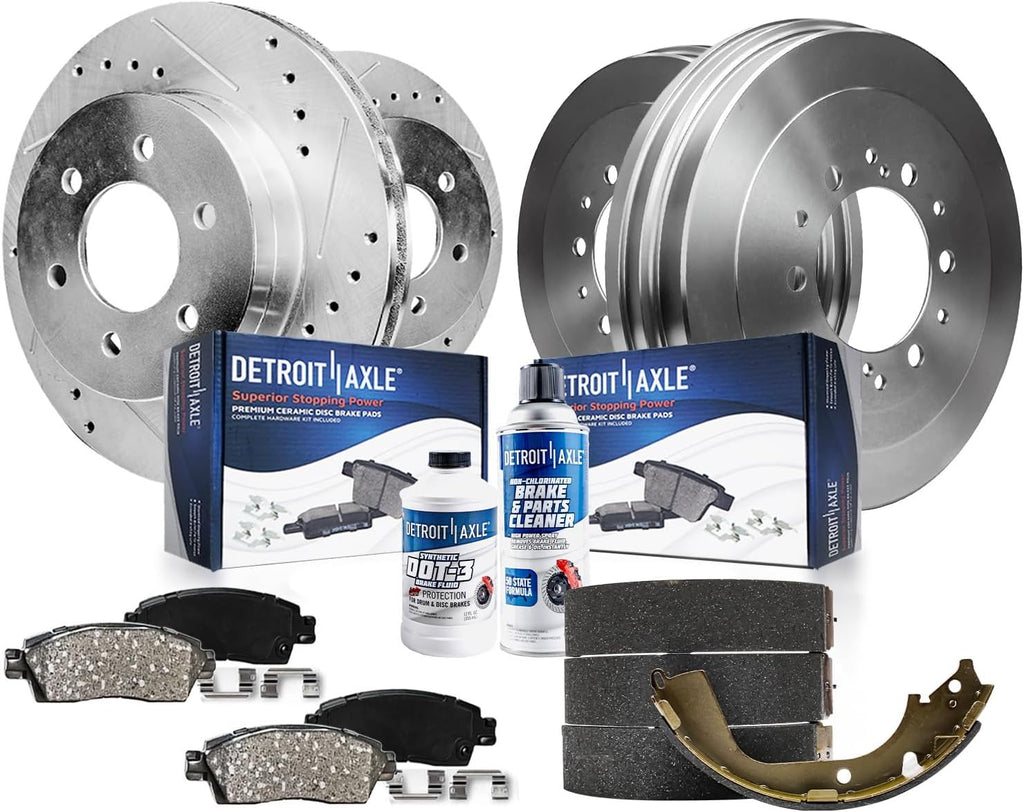 Detroit Axle - 10pc Brake Kit for 2004 Toyota Tacoma 2002 4Runner, Front Drilled and Slotted Disc Brake Rotors Ceramic Brakes Pads, Rear Brakes Drums and Semi-Metallic Shoes: 11.69' Inch Rotor