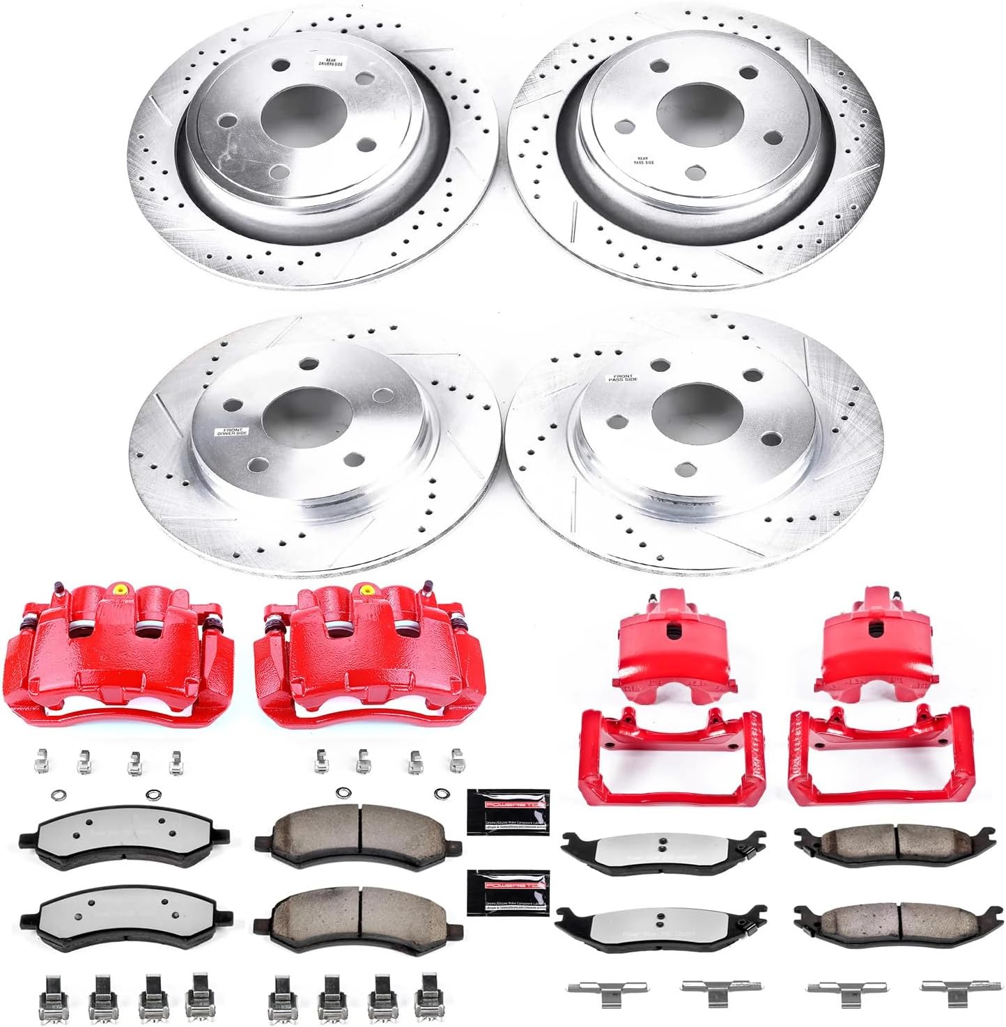 PowerStop Front and Rear Brake & Caliper Kit for Chrysler Aspen 2007-09 |Dodge Durango 2007-09 - Drilled & Slotted Disc Rotors + Z36 Brake Pads + Red-Powder Coated Calipers, KC2164A-36