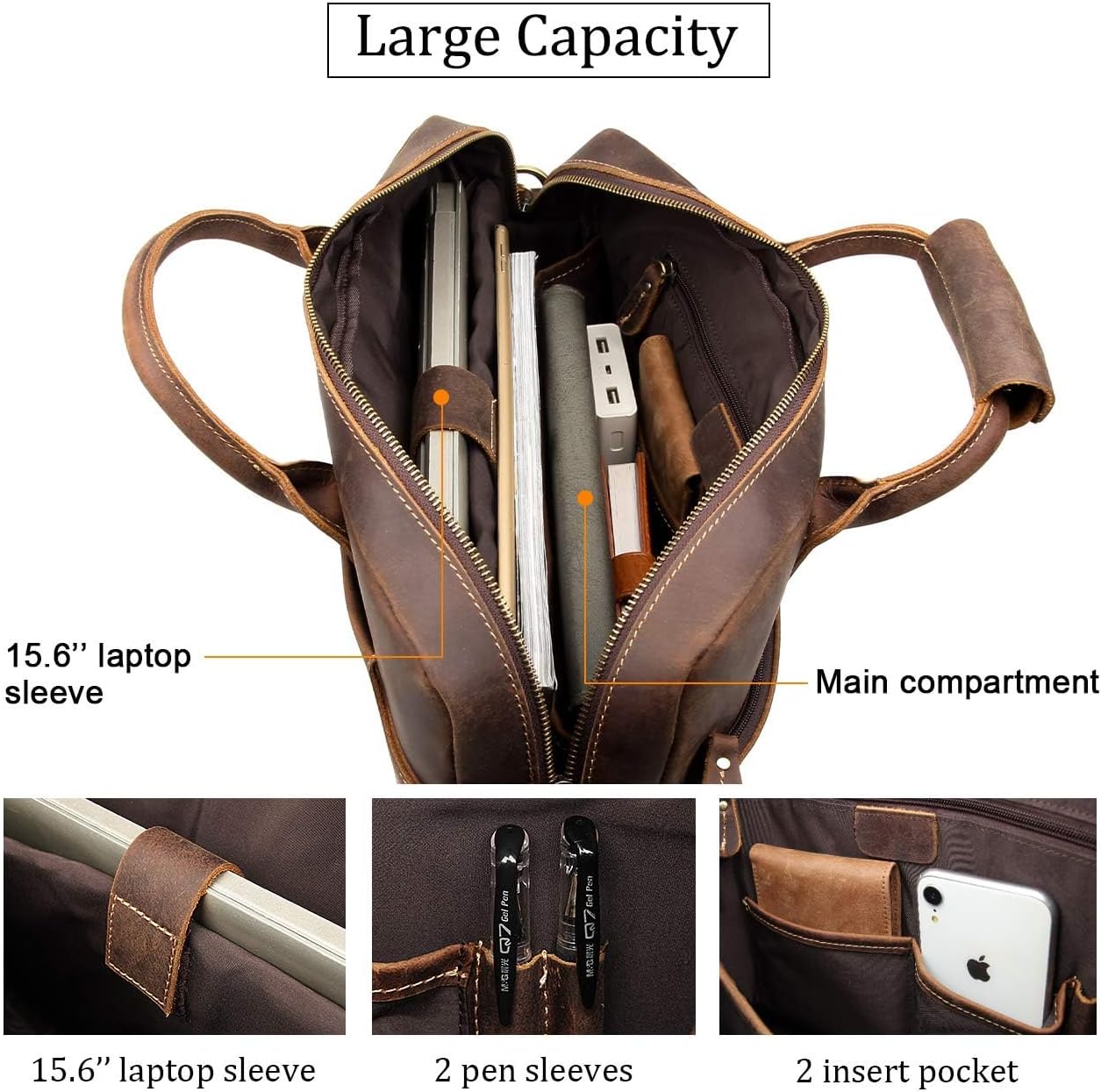 Augus Vintage Leather Briefcase for Men 15.6 Inch Laptop Computer Bag Retro Messenger Crossbody Shoulder Bag | Vintage Leather