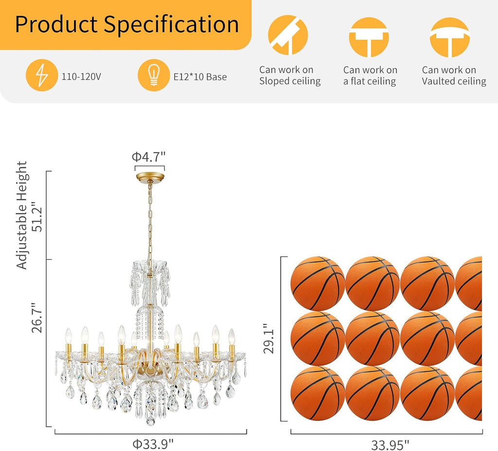 WUZUPS 10-Light Crystal Candle Chandelier Pendant Ceiling Light Modern Lighting Fixture for Bedroom Hallway Bar Kitchen Bathroom, H 26.7' W 33.9', E12 Base, Gold