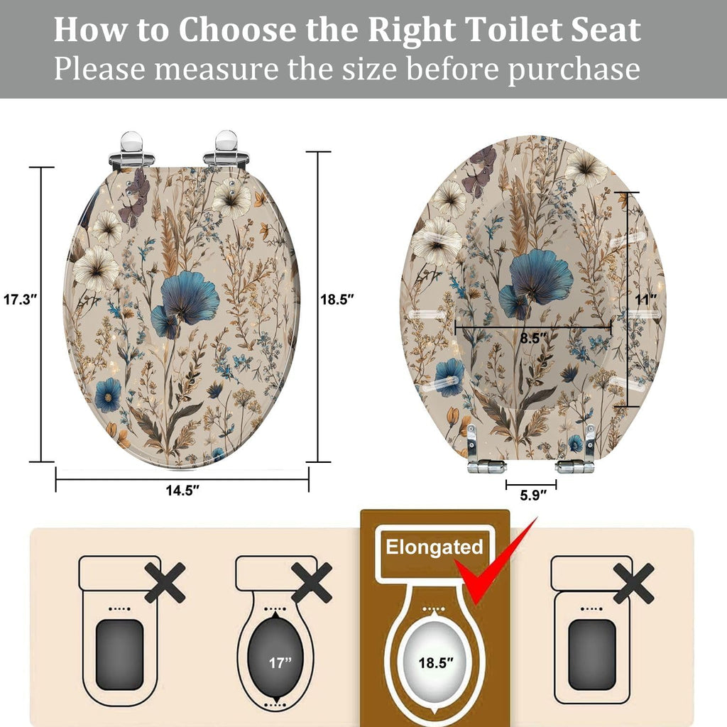 Elongated Toilet Seat Elegant Floral Blue White Golden Accents Butterflies Resin Toilet Seat Quietly Close Quick Release Hinges with Cover Bumpers Decorative Easy to Install Clean