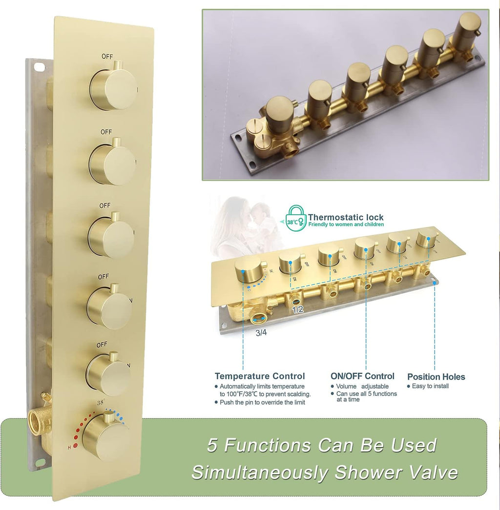5 Function Thermostatic Shower System 16X24 inch Shower Head Set with Handheld Spray, 4 Body Jet, Brushed Gold