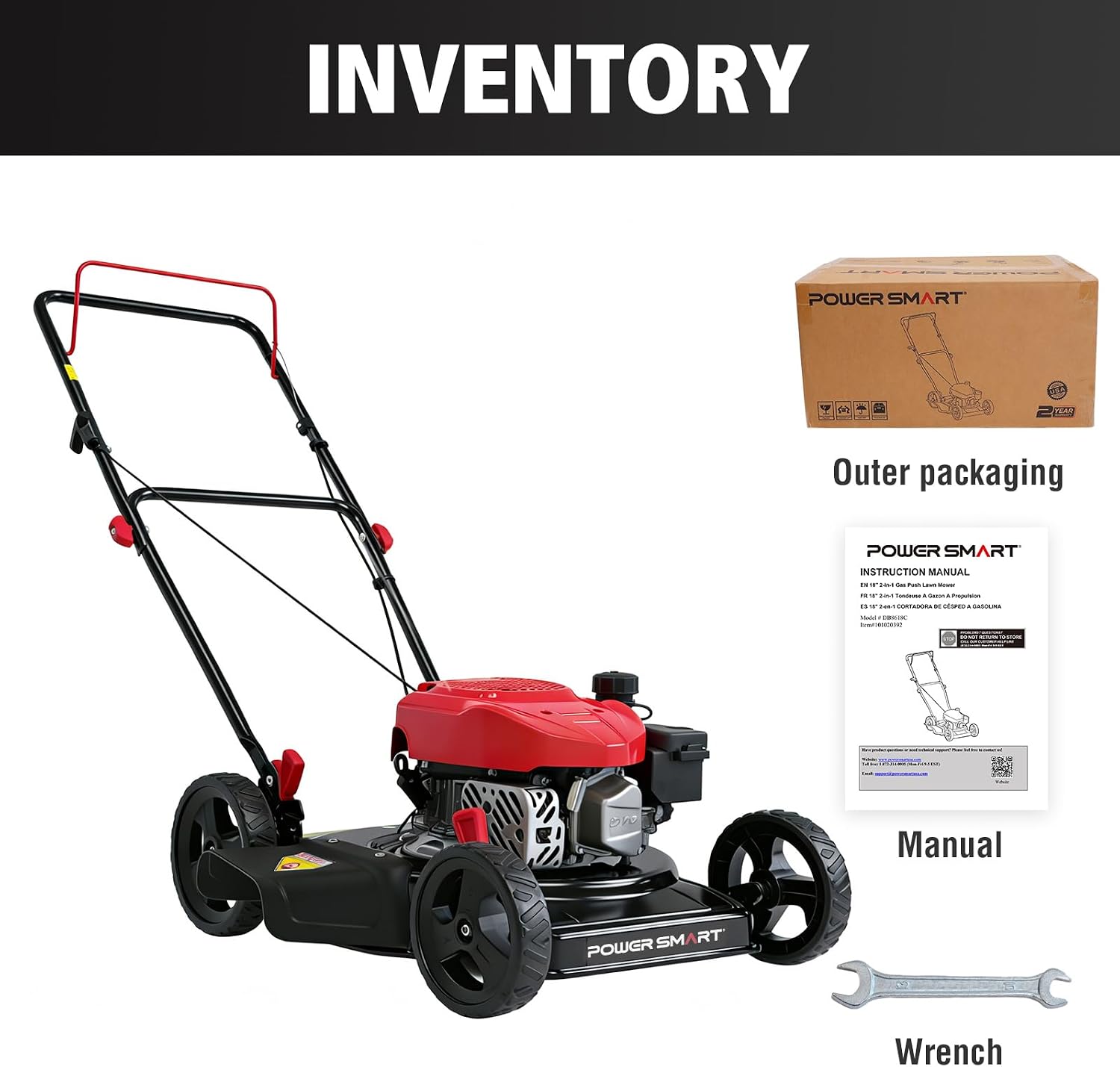 PowerSmart 18-Inch Gas Push Lawn Mower with 144cc OHV Engine, 2-in-1 Mulching Lawn Mower with Side-Discharge, 5-Positions Adjustable Cutting Height
