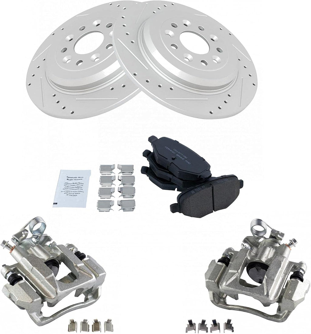 TRQ Rear Brake Rotor Pad Caliper Set Ceramic Performance Slotted Drilled Compatible with 2011-2018 Ford Explorer 2010-2012 Flex 2013-2018 Taurus 2010-2013 Lincoln MKT