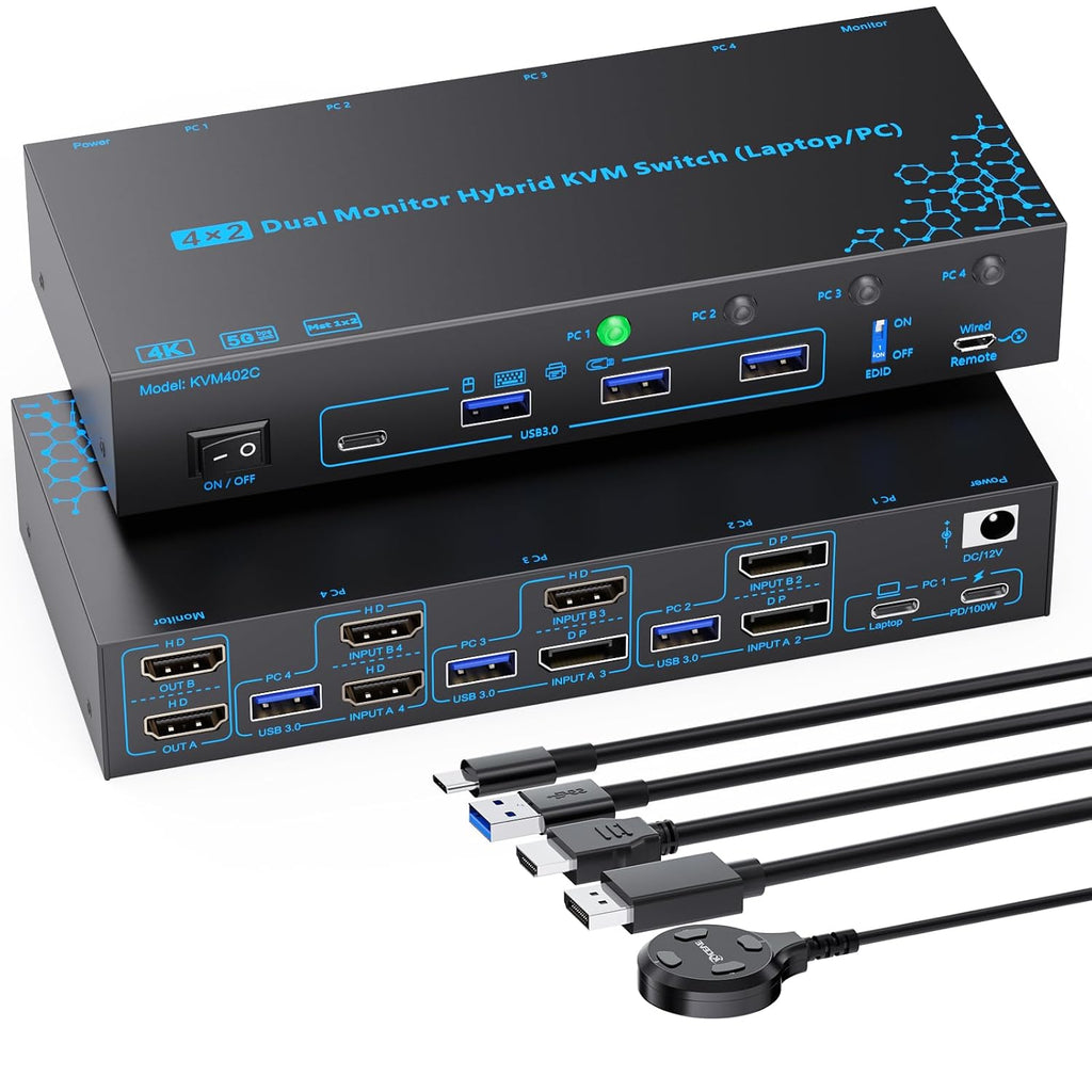 2 Monitors 4 Computers KVM Switch Laptop and Desktop 4 Port Hybrid USB-C Docking & Dual Displayport & DP HDMI & Dual HDMI 4K@60Hz KVM Switch with EDID Emulator, Support PD 100W Charging