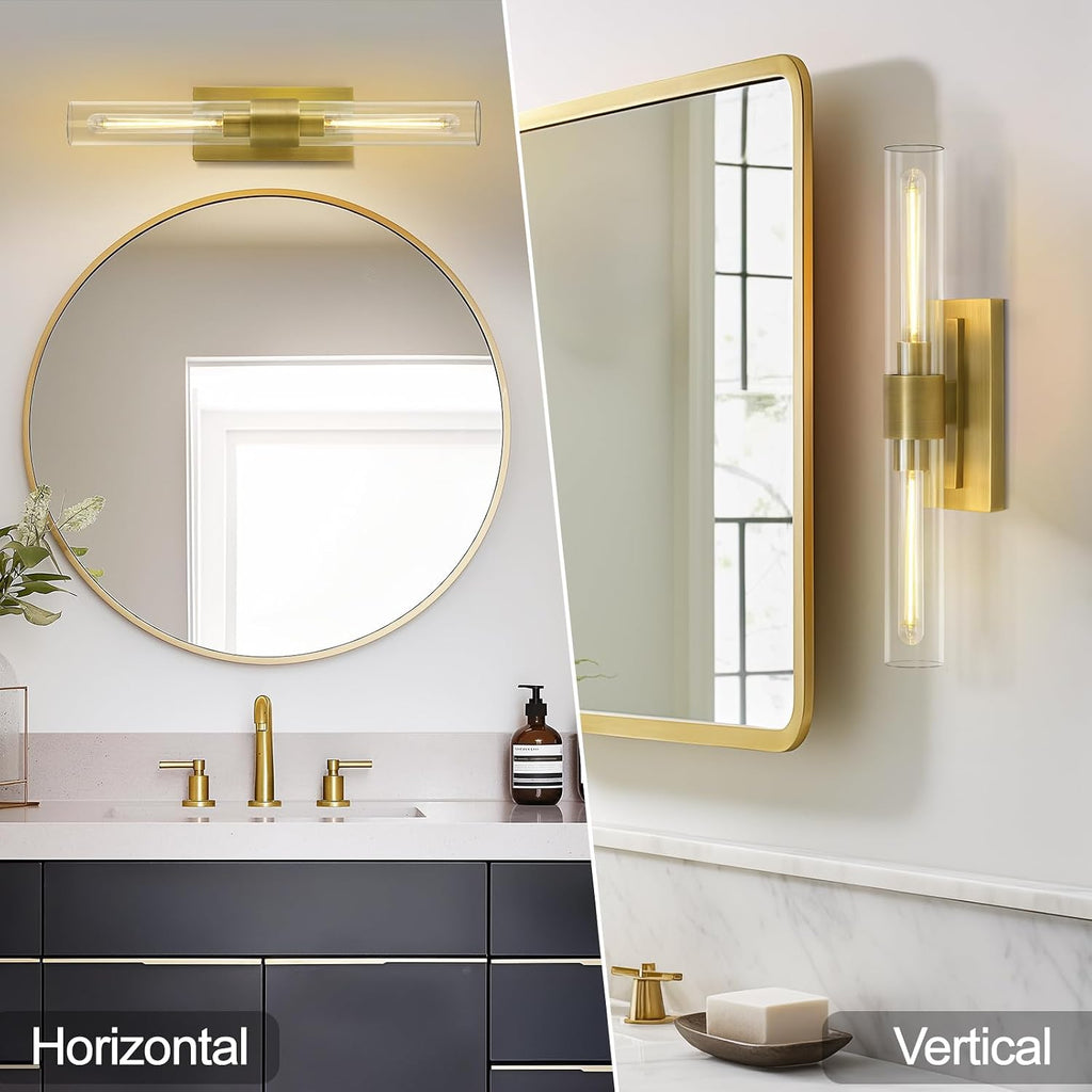 Brass Bathroom Vanity Light, 2-Light Bathroom Wall Sconce Over Mirror, 22.8' Gold Vanity Light for Bathroom, Dimmable Vanity Sconce with Glass Tube, Bathroom Linear Sconce Vertical & Horizontal, 1 PC