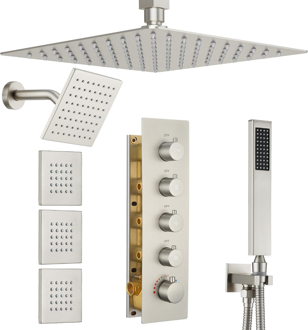 Thermostatic Dual Shower Heads System with 4-Inch Body Jets, Ceiling 16' Rainfall & Wall Mount 6' Shower Head, Luxury Brushed Nickel Shower Faucet Set with Handheld Sprayer for 2-Person/Tandem Shower