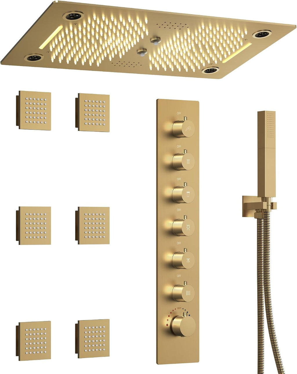 Luxury LED Shower System, 28' x 16' Ceiling Mount Bluetooth Music Speaker 4 Function Shower Head with 6 Body Jets, Brushed Gold