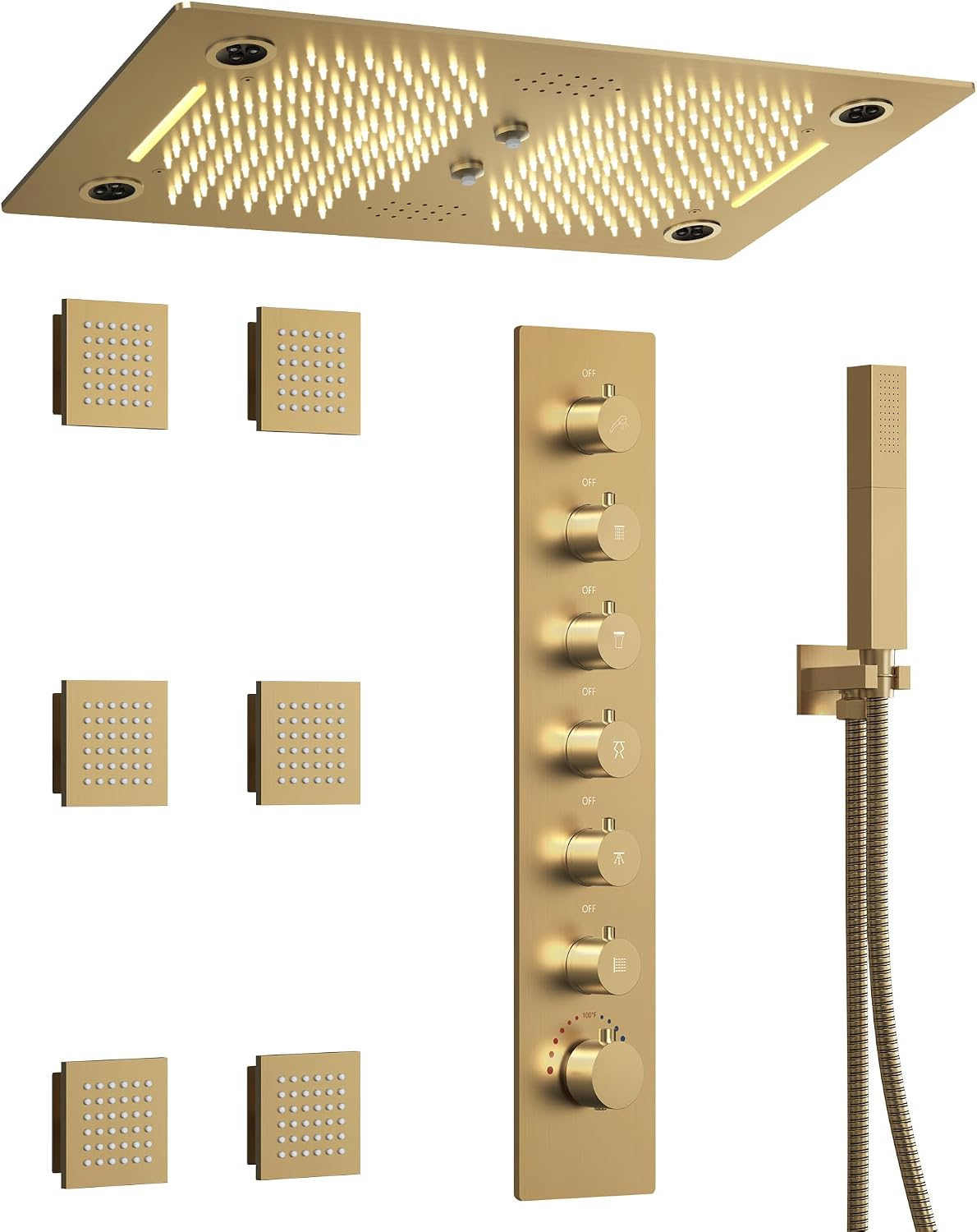 Luxury LED Shower System, 28' x 16' Ceiling Mount Bluetooth Music Speaker 4 Function Shower Head with 6 Body Jets, Brushed Gold