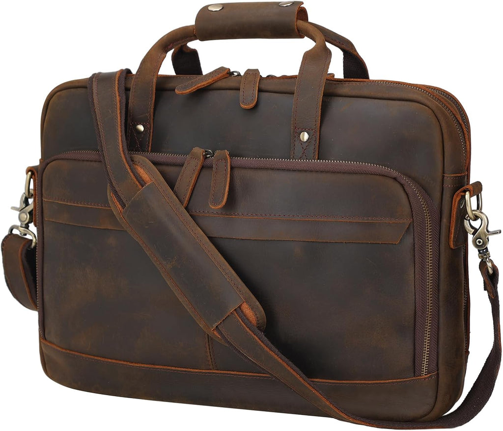 Masa Kawa Leather Briefcase for Men 17/15.6' Laptop Crossbody Shoulder Messenger Bag Business Travel Work Attache Case