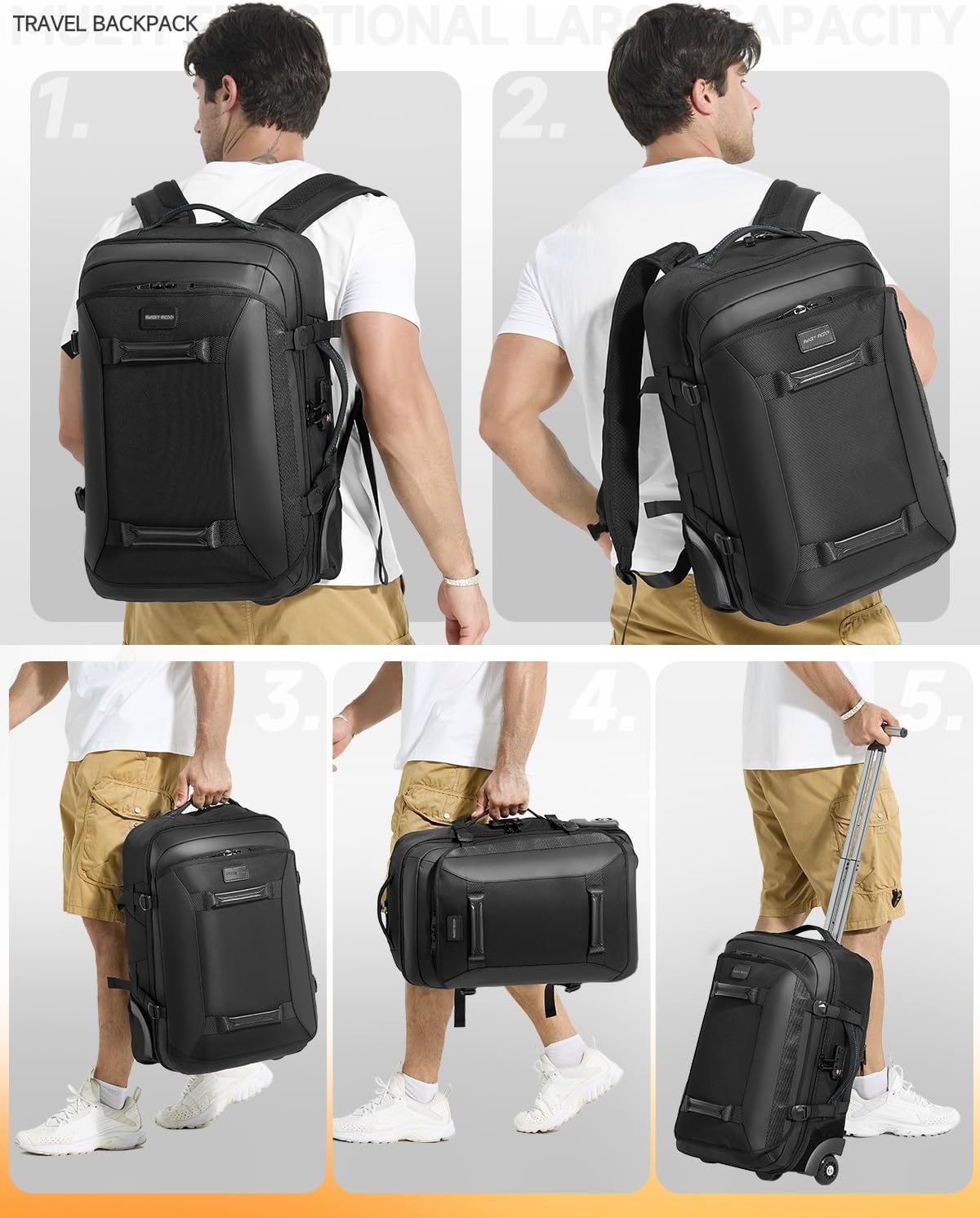 Backpack with wheels,Rolling laptop backpack with 2 Packing Cubes,Water-Resistant,Wheeled backpack Suitcase for Men Adults to Travel, Commuting,Black
