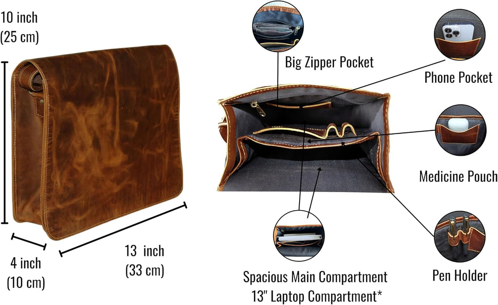 13' leather messenger bag laptop case office briefcase gift for men computer distressed shoulder bag