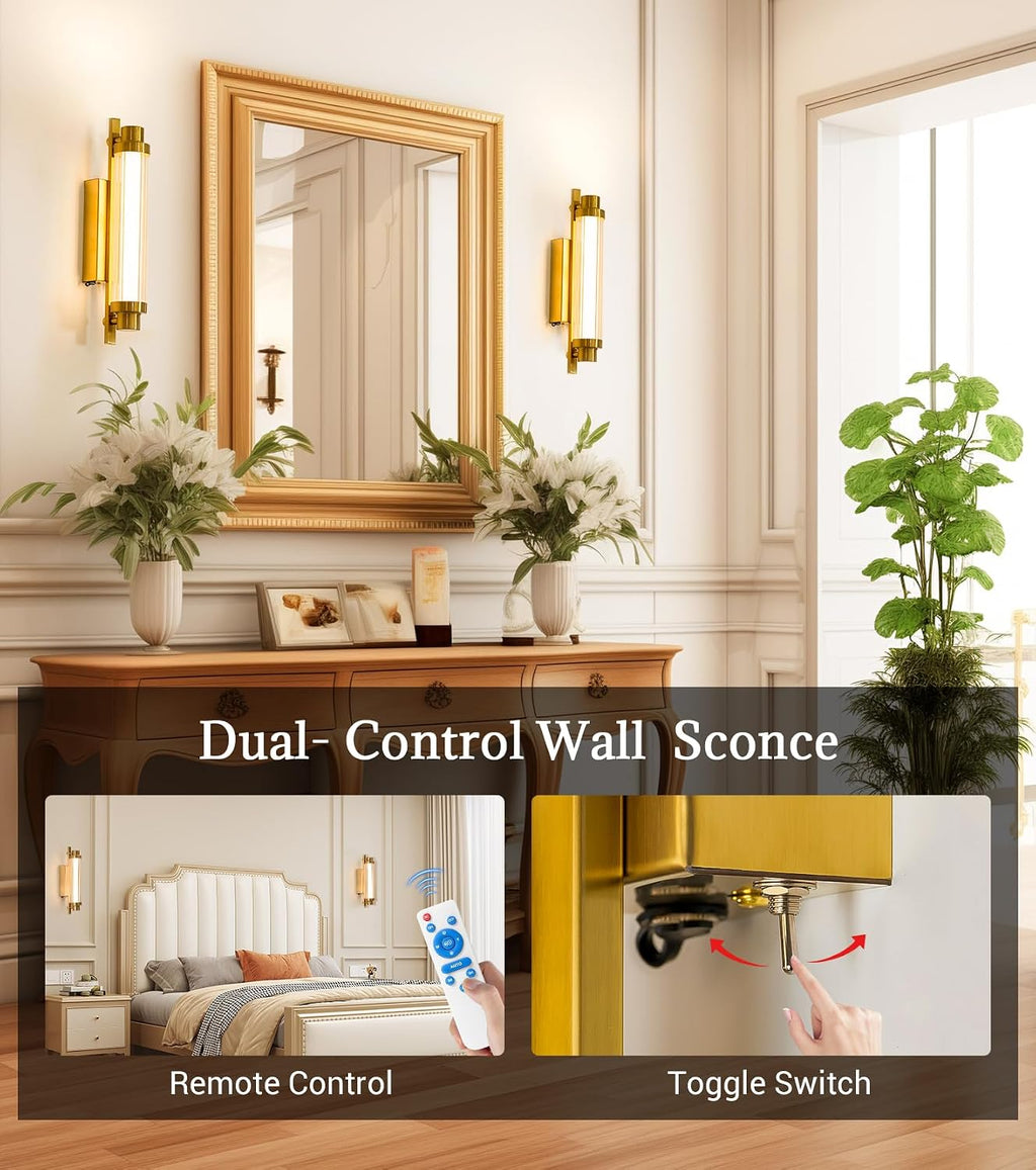 Battery Operated Wall Sconce Set of Two,12000 mAh Rechargeable Wall Sconce with Remote Battery Powered Wall Light LED Crystal Glass Gold Wall sconces for Bathroom, Living Room, Hallway, Mirror
