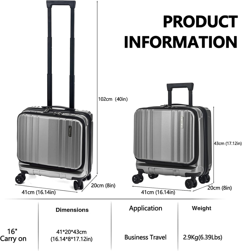 TydeCkare 16' Carry on Luggage with 2 Laptop Compartments, Lightweight Hardshell ABS+PC Suitcase with Dual Control TSA Lock, with YKK Zipper, 4 Spinner Silent Wheels, for Business Travel, Silver Grey