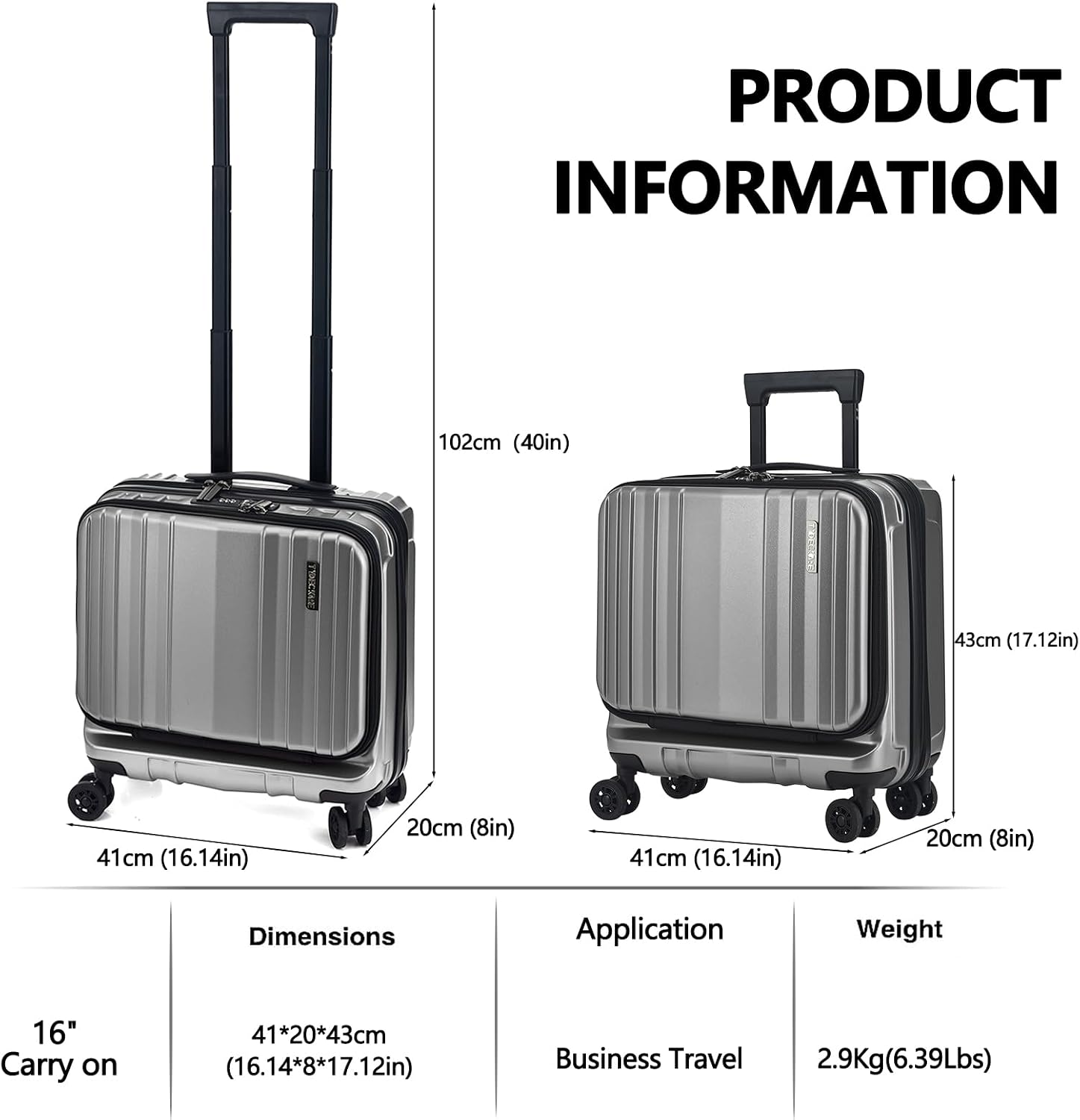 TydeCkare 16' Carry on Luggage with 2 Laptop Compartments, Lightweight Hardshell ABS+PC Suitcase with Dual Control TSA Lock, with YKK Zipper, 4 Spinner Silent Wheels, for Business Travel, Silver Grey
