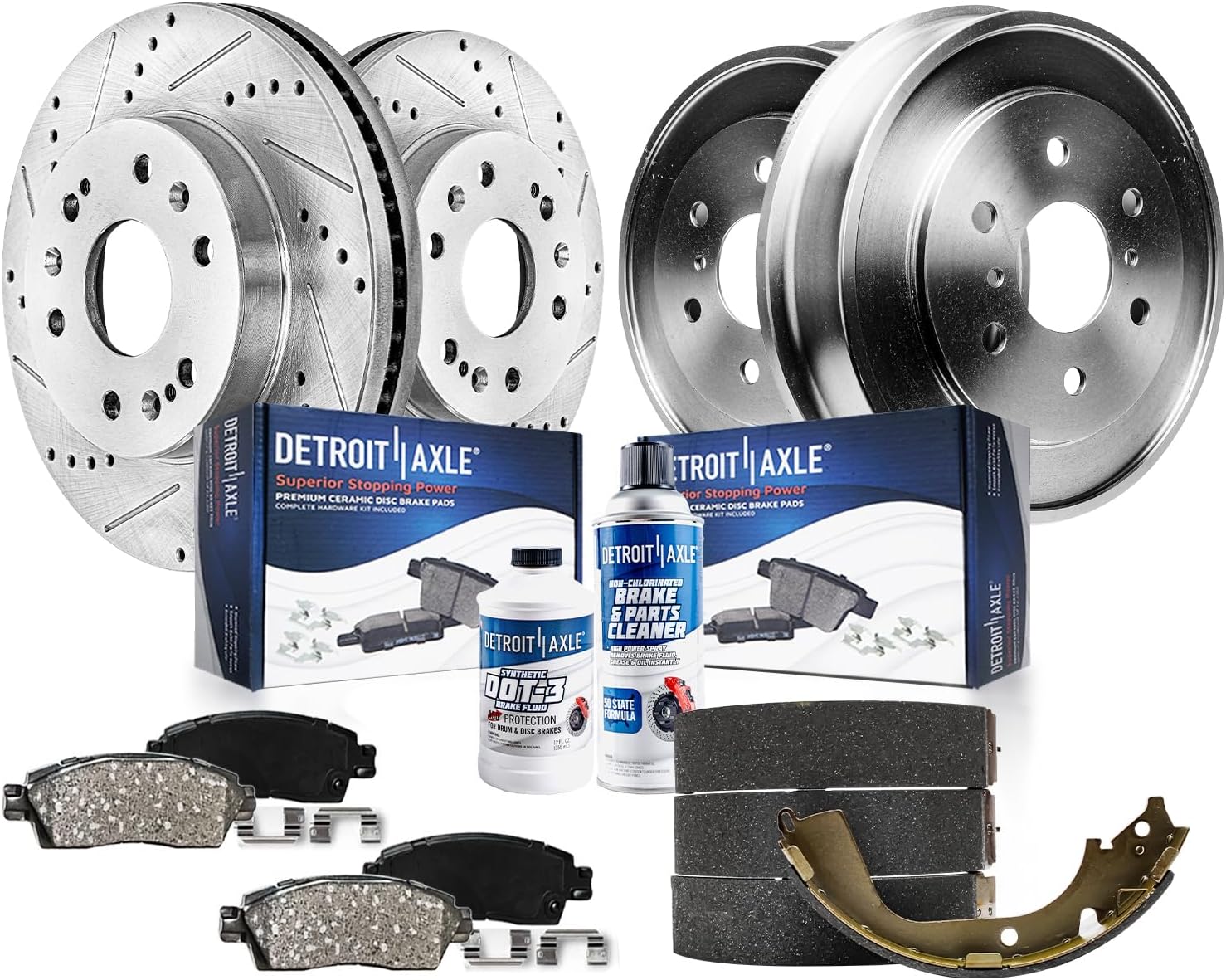 Detroit Axle - Brake Kit for 2005-2007 Chevy GMC Silverado Sierra 1500, Drilled and Slotted Brake Rotors Ceramic Pads Rear Drums Shoes Replacement : 12.99' inch Front Rotor