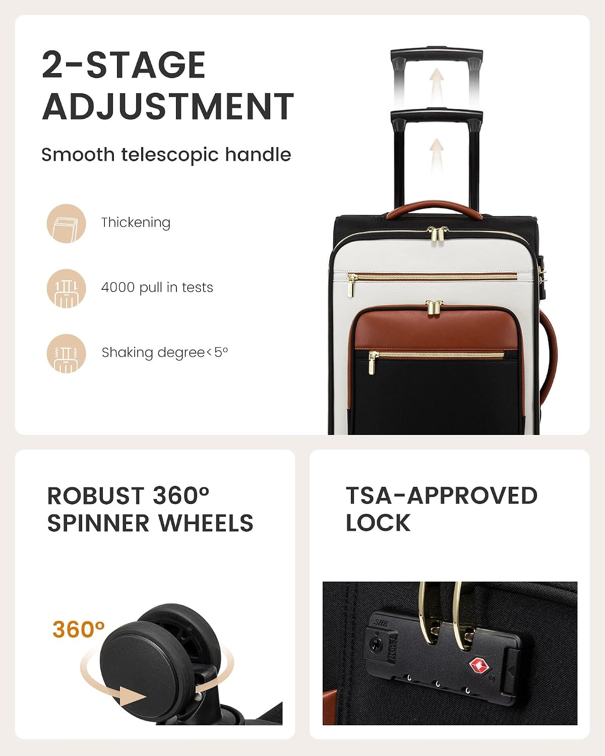 LOVEVOOK Carry on Suitcase 22x14x9 Airline Approved,20 inch Lightweight Waterproof Suitcases with 360° silent swivel wheels, TSA Lock and Compartment, Large Capacity travel Suitcase Black-White-brown