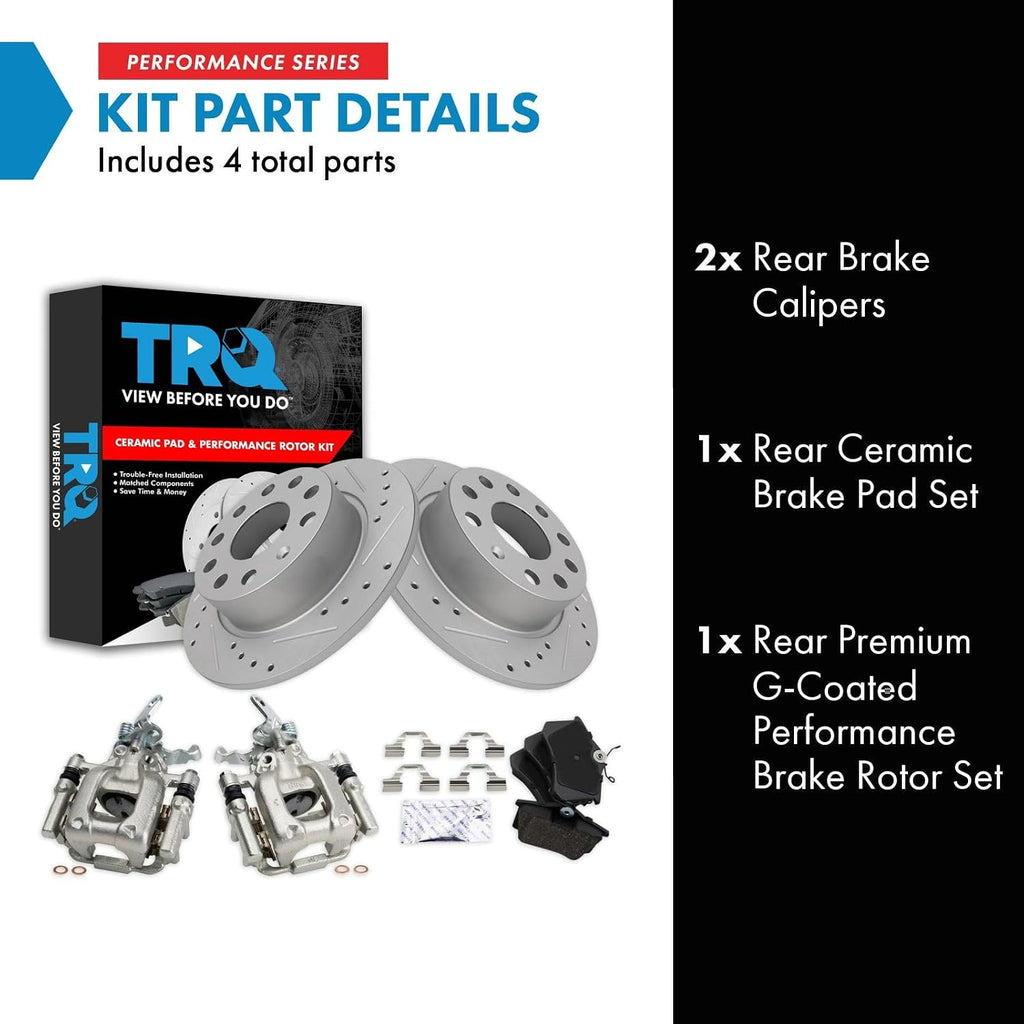 TRQ Performance Rear Brake Pad and Rotor Set Ceramic Slotted Drilled G Coated Solid Rotors Calipers Compatible with 2013 Volkswagen Beetle