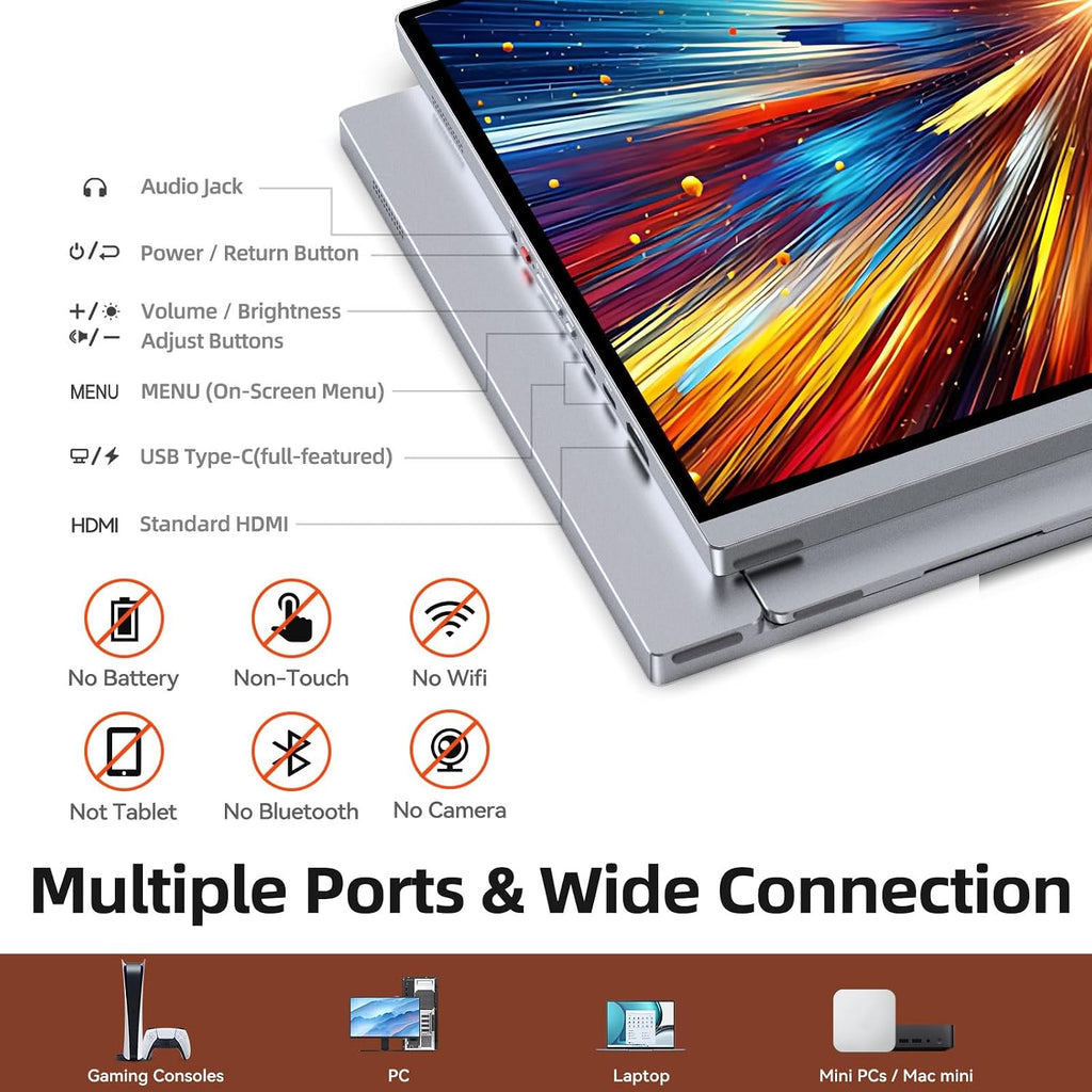 Intehill 4K Portable Monitor for Laptop, 13.4' IGZO Display with Full-Laminated Tempered Glass 500 Nits, 100% sRGB Portable Laptop Screen with Kickstand & Speakers, USB-C & HDMI Travel Monitor, U13ZC