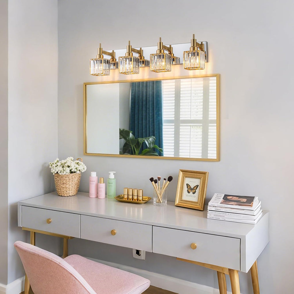 Crystal Bathroom Light Gold Chrome 4-Light Modern Bathroom Vanity Fixtures Over Mirror Square Crystal Wall Sconce