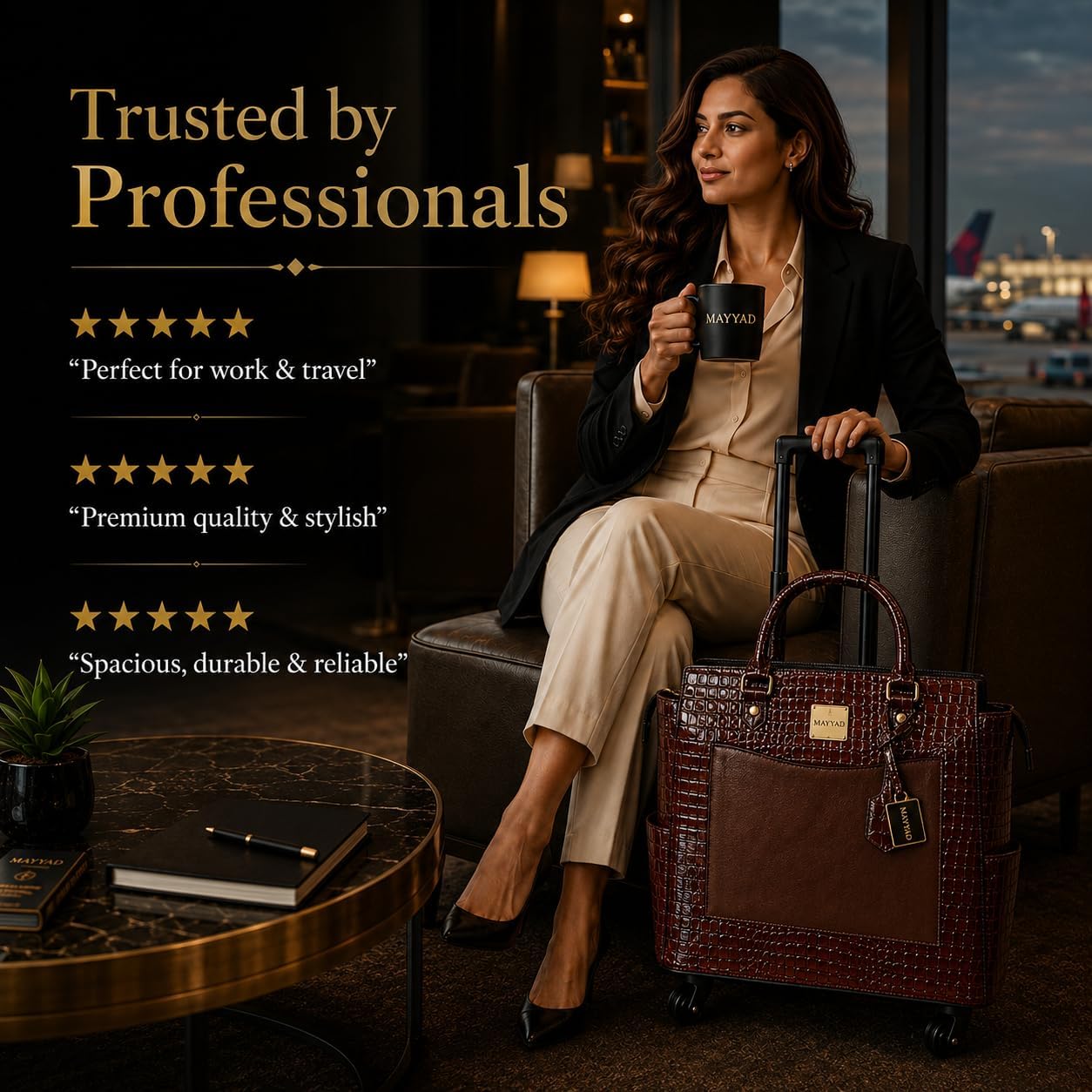 Rolling Laptop Bag for Women with Wheels & Handle Luxury Pure Leather Embossed Work Bag with Laptop Sleeve Travel Briefcase