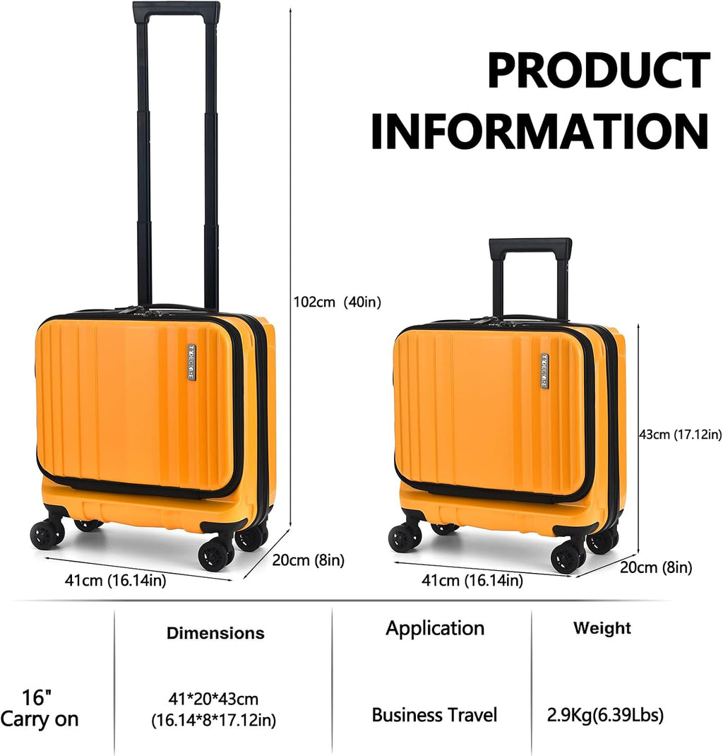 TydeCkare 16' Carry on Luggage with 2 Laptop Compartments, Lightweight Hardshell ABS+PC Suitcase with Dual Control TSA Lock, with YKK Zipper, 4 Spinner Silent Wheels, for Business Travel, Orange