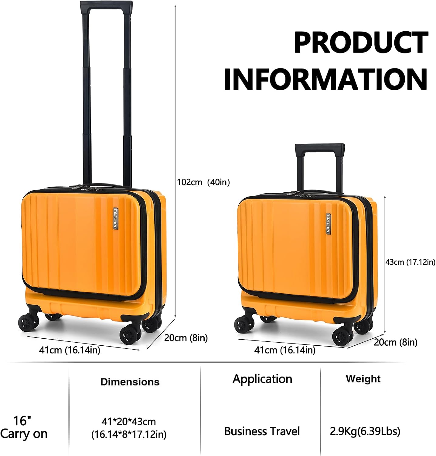 TydeCkare 16' Carry on Luggage with 2 Laptop Compartments, Lightweight Hardshell ABS+PC Suitcase with Dual Control TSA Lock, with YKK Zipper, 4 Spinner Silent Wheels, for Business Travel, Orange