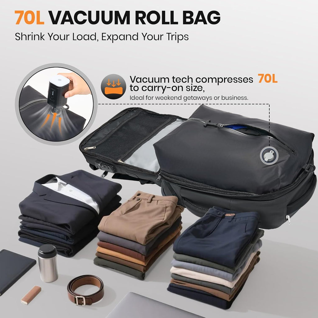 Fanwoli Vacuum Rolling Travel Backpack, Carry On Luggage with TSA Lock & Anti Theft Zipper, 70L Expandable Airbag Backpack with Compression Pump, Waterproof Laptop Bag Ideal for Flight & Business