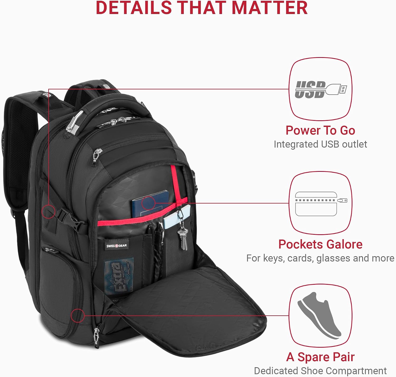 SwissGear Travel Tech Elite Laptop Backpack – Fits Laptops up to 16' – ScanSmart TSA-Friendly Backpack with USB Port, Shoe Compartment & Organizer Pockets – Heather Grey