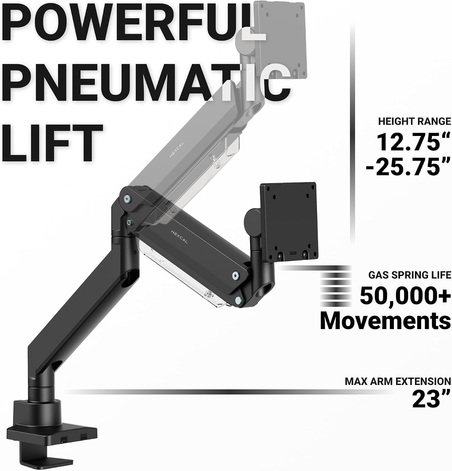 Hexcal Heavy Duty Monitor Arm for 57' Ultrawide Screens, Support up to 59.4 lbs, Full Motion Desk Mount with Quick Release VESA (75/100/200mm), C-Clamp & Grommet Base, Space-Saving Design