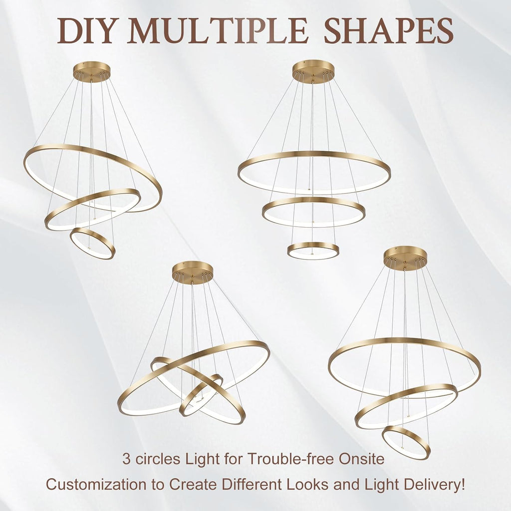 3 Ring Modern LED Chandelier Gold Dimmable Round Chandeliers, LED Circular Pendant Light Fixture with Remote Control for Living Room, Dining Room, Office, Entry, Bedroom