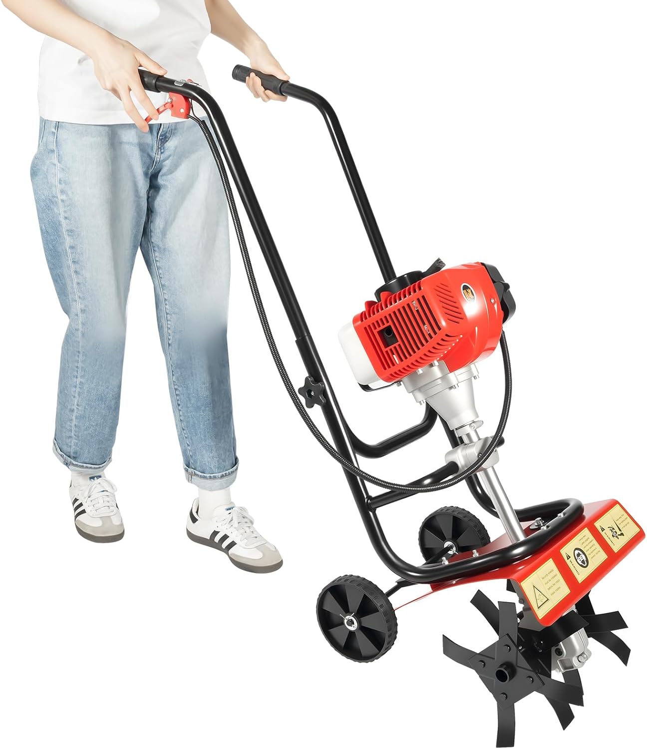 52CC Mini Hand Push Tiller Cultivator with Wheels, 2HP 2-Stroke Air-Cooled Single Cylinder Gas Rototiller,7000RPM Recoil Tillage Ripper for Garden Lawn, Digging, Weed Removal,Soil Cultivation