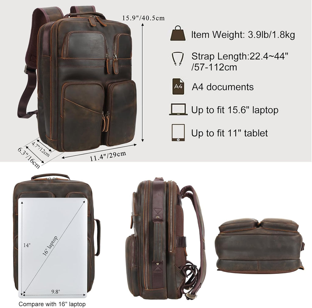 TIDING Full Grain Leather 15.6' Laptop Backpack for Men Multi Pockets Casual Daypack Business Travel Rucksack