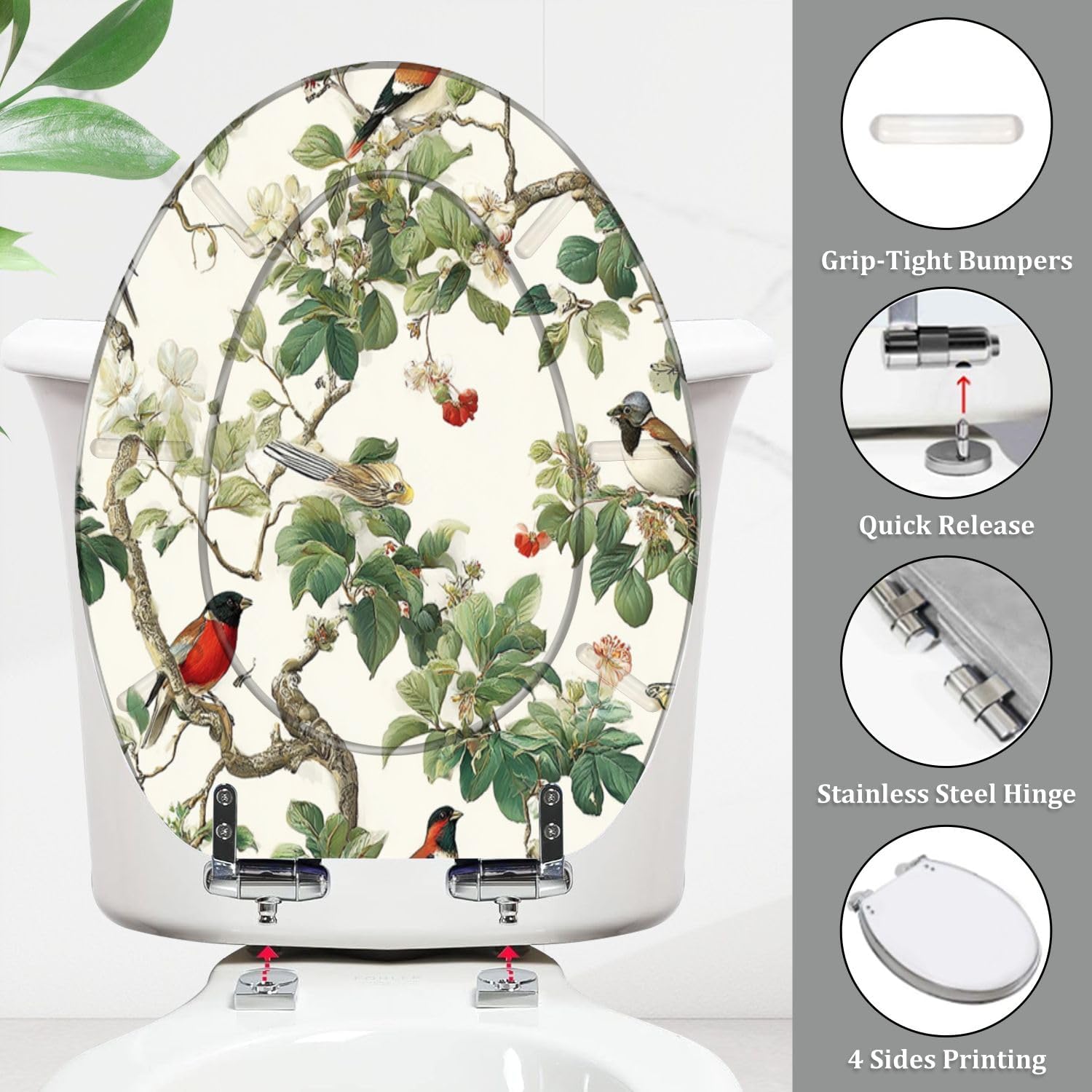 Elongated Toilet Seat Botanical Birds Floral Branches Vibrant Green Leaves Delicate Blooms Resin Toilet Seat Quietly Close Quick Release Hinges with Cover Bumpers Decorative Easy to Install Clean