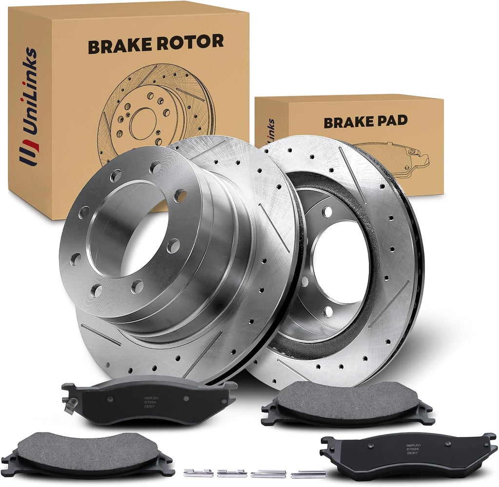 Rear Drilled and Slotted Disc Brake Rotors & Ceramic Brake Pads Kit Fit for Dodge 2006-2008 Ram 1500 (8 Lug; Mega Cab Models ONLY), 2003-2008 Ram 2500, 2003-2008 Ram 3500 Fit SRW or DRW